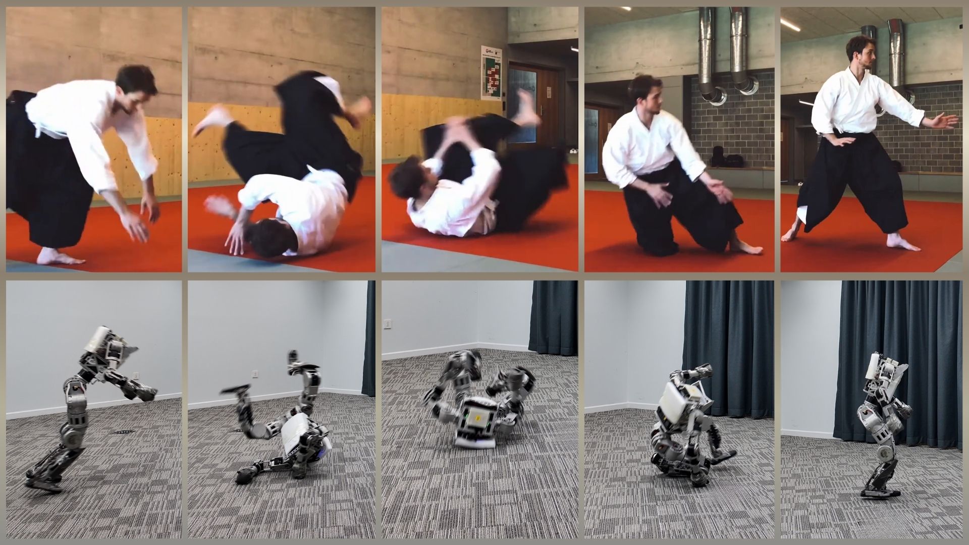 Human ukemi demonstration (top) and humanoid ukemi-inspired falling and recovery (bottom).